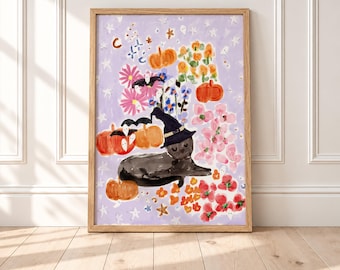 Witchy Black Cat Portrait Watercolor Whimsical Halloween Printable Wall Art, Pumpkin Floral Print, Spooky Fall Decor, (Digital Download)