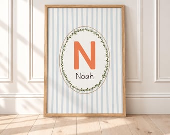Custom Name Print for Baby Room, Personalized Initial Wall Art, Blue Striped Nursery Decor, Baby Boy Name Sign (Digital Download)
