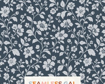 Navy Blue Block Print Floral Toile Seamless Pattern, Vintage Botanical Design (Digital Download)