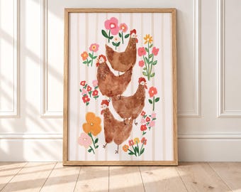 Farmhouse Chicken Wall Art Printable, Floral Hen Print, Cottage Kitchen Decor, Cute Nursery Poster, Country Art (Digital Download)