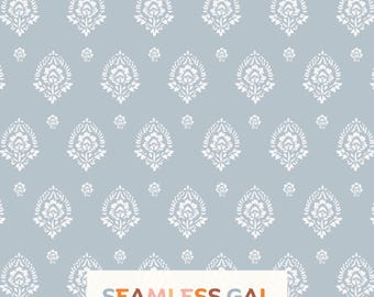French Blue Damask Seamless Pattern, Vintage Floral Block Print Design (Digital Download)