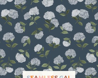 Navy Blue Hydrangea Seamless Pattern, Watercolor Botanical Floral Digital Design (Digital Download)
