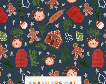 Whimsical Gingerbread Cookies Christmas Seamless Pattern, Navy Winter Holiday Baking Design (Digital Download)