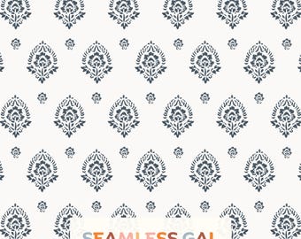Navy Blue Cream Damask Seamless Pattern, Vintage Floral Block Print Design (Digital Download)
