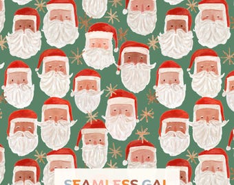 Hand-Painted Santa Faces Seamless Pattern, Watercolor Christmas Green Red Design (Digital Download)