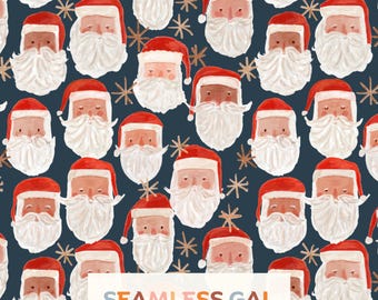 Hand-Painted Santa Faces Seamless Pattern, Watercolor Christmas Dark Blue Design (Digital Download)