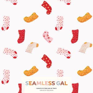 May include: A seamless pattern featuring various illustrated socks in red, orange, and pink with polka dot, star, and floral motifs on a white background. The text SEAMLESS GAL SEAMLESS PATTERNS AND ART PRINTS SURFACE PATTERN DESIGN is at the bottom.