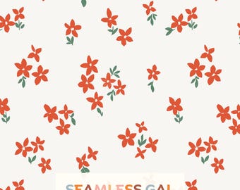 Small Ditsy Poinsettia Red Floral Seamless Pattern, Simple Folk Flower Design (Digital Download)