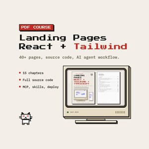 Könnte beinhalten: Ein digitaler PDF-Kurs mit dem Titel Landing Pages React + Tailwind mit über 40 Seiten, Quellcode und einem KI-Agenten-Workflow. Die Grafik zeigt einen beigen Retro-Computermonitor mit Kursinhalten und ein kleines, verpixeltes Katzensymbol.