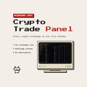 Pode incluir: Um gráfico digital apresentando um monitor de computador retrô exibindo uma interface de negociação de criptomoedas. O texto diz: WINDOWS APP, Crypto Trade Panel, Every crypto exchange in one live window, 25+ exchanges live, Arbitrage scanner, No subscription. Um ícone de gato pixelado.