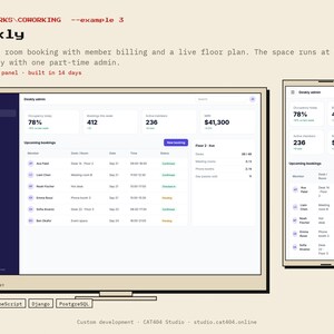 May include: A digital interface for Deskly coworking software displayed on a desktop monitor and a mobile phone. The dashboard shows occupancy rates, booking statistics, member counts, and financial data, with a list of upcoming bookings.