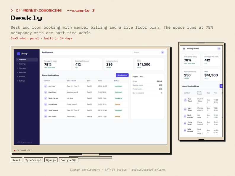 May include: A digital interface for Deskly coworking software displayed on a desktop monitor and a mobile phone. The dashboard shows occupancy rates, booking statistics, member counts, and financial data, with a list of upcoming bookings.