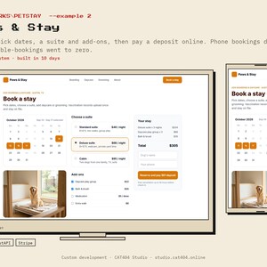 May include: A digital interface design for Paws & Stay, featuring a booking system on desktop and mobile screens. The layout includes a calendar, suite selection options, add-ons, and a summary of costs. A photo of a golden retriever in a suite is visible.