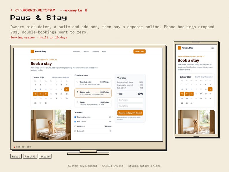 May include: A digital interface design for Paws & Stay, featuring a booking system on desktop and mobile screens. The layout includes a calendar, suite selection options, add-ons, and a summary of costs. A photo of a golden retriever in a suite is visible.