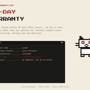 May include: A digital graphic featuring a 90-day warranty notice in pixelated red and black text. It includes a terminal window labeled HANDOVER.LOG with a list of services and a small, pixelated white cat character with red eyes on the right side.