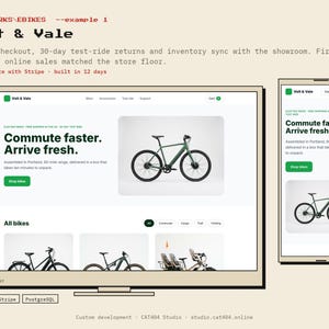 May include: A digital interface design for an e-bike website titled Volt & Vale, displayed on a desktop monitor and a mobile phone. The layout features green text, a green call-to-action button, and product images of various electric bicycles.