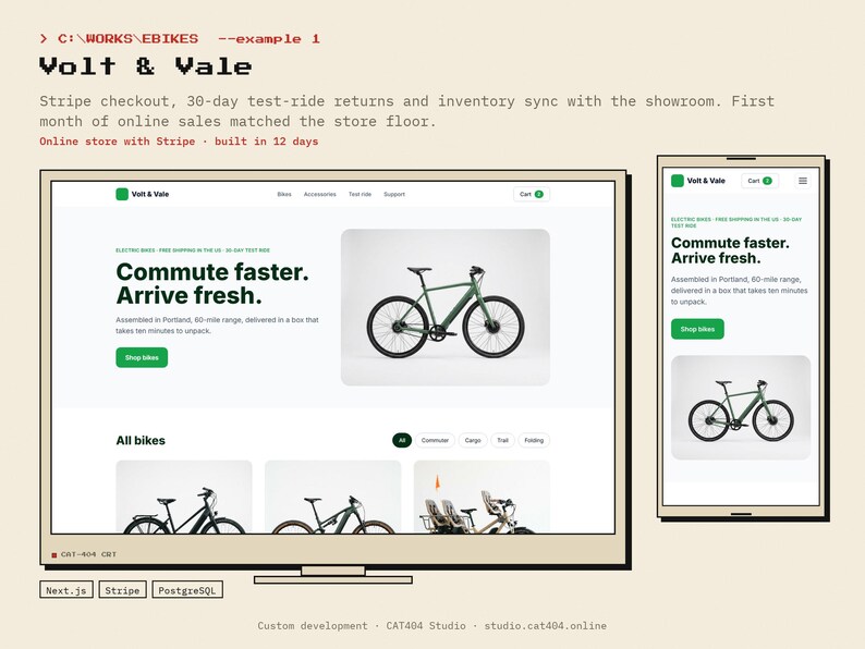 May include: A digital interface design for an e-bike website titled Volt & Vale, displayed on a desktop monitor and a mobile phone. The layout features green text, a green call-to-action button, and product images of various electric bicycles.