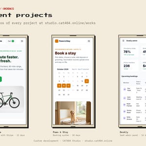 May include: A digital portfolio display featuring three mobile interface designs: Volt & Vale e-commerce site, Paws & Stay booking system, and Deskly admin panel. The layout includes project titles, live demo links, and development timelines.
