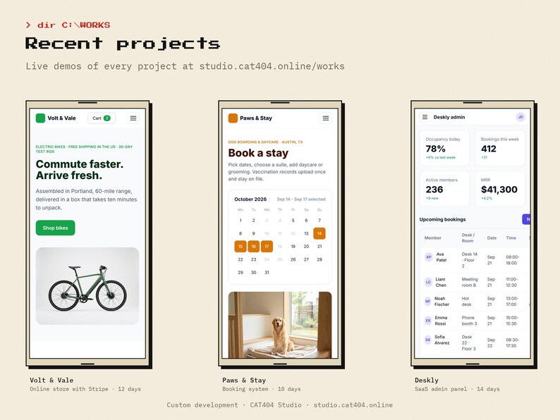 May include: A digital portfolio display featuring three mobile interface designs: Volt & Vale e-commerce site, Paws & Stay booking system, and Deskly admin panel. The layout includes project titles, live demo links, and development timelines.