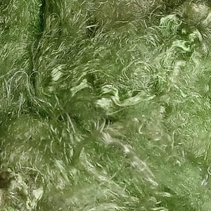May include: A close-up view of a textured green fabric with long, loose, and wispy fibers. The material features a mix of light and dark green tones, creating a soft, shaggy, and fibrous appearance with a dense, tangled, and multi-layered surface.