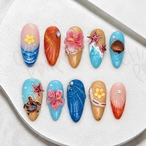 Handmade Tropical Beach 3D Press On Nails | Sea Turtle Hibiscus Starfish Shells | Ocean Summer