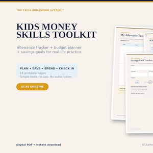 May include: The Kids Money Skills Toolkit is a digital PDF set featuring 14 printable pages including an allowance tracker, budget planner, and savings goal tracker. The design uses dark blue text on a cream background with gold accents.