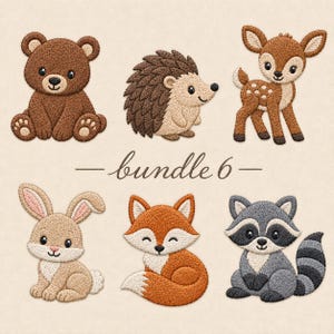 May include: A set of six embroidered animal patches featuring a brown bear, a hedgehog, a spotted fawn, a tan rabbit, an orange fox, and a gray raccoon. The text bundle 6 is centered between the rows of embroidered woodland creatures.