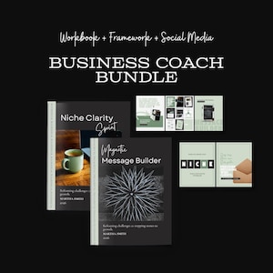 May include: A business coach bundle featuring a workbook and framework set. The collection includes two primary booklets titled Niche Clarity Sprint and Magnetic Message Builder, alongside several smaller informational cards in shades of sage green.