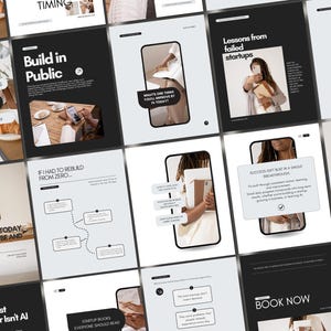 Op de afbeelding: Een verzameling digitale social media templates met een zwart-wit kleurenschema en minimalistische typografie. De ontwerpen bevatten diverse lay-outs met tekst zoals Build in Public, Lessons from failed startups en Book Now.
