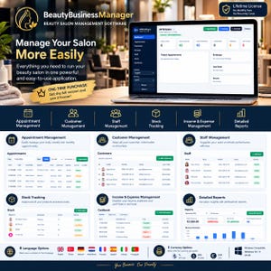 May include: A laptop displaying BeautyBusinessManager software for beauty salons. The interface shows dashboards for appointment, customer, and staff management, stock tracking, income and expense management, and detailed reports with charts and tables.
