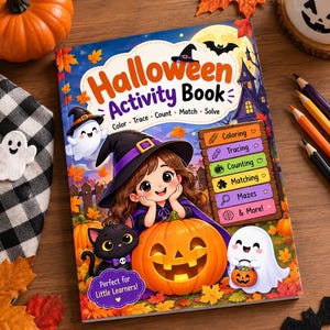 May include: A Halloween Activity Book with a cover featuring a girl in a witch hat, a black cat, and a ghost. The text reads Halloween Activity Book, Color, Trace, Count, Match, Solve, Coloring, Tracing, Counting, Matching, Mazes, & More!, and Perfect for Little Learners!
