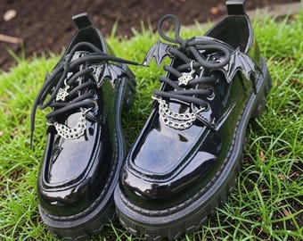 Womens Black Gothic Oxford Loafers Star Bat Charm Slip On Office Chunky Sole Mary Jane Platforms Punk Boots Steampunk Cosplay Metal Shoes