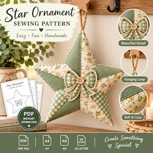 May include: A star-shaped fabric ornament featuring a green and white gingham pattern mixed with a floral print, accented by a central fabric bow and a wooden button. The ornament includes a braided hanging loop and a printed sewing pattern document.