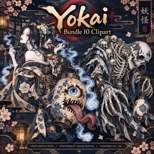 Könnte beinhalten: Eine digitale Kunstsammlung mit dem Titel Yokai Bundle 10 Clipart, die eine Frau im Blumen-Kimono mit Pfeife, eine große Zyklopen-Laterne mit Zunge und eine mit Totenköpfen verzierte Skelettfigur vor einem dunklen Hintergrund mit Kirschblüten zeigt.