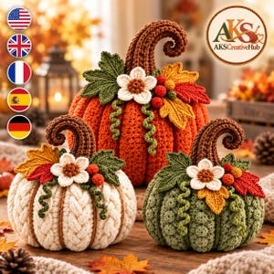 May include: Three crocheted pumpkins in orange, cream, and sage green. Each pumpkin features a brown curly stem, a white crocheted flower, green leaves, and small red berries. The cream pumpkin has a cable knit texture, while the green one is textured.
