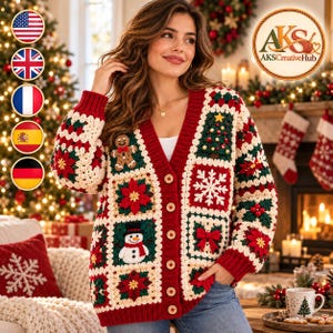 May include: A V-neck cardigan made of crocheted granny squares in red, white, and green. The sweater features festive appliques including a gingerbread person, a snowman, a Christmas tree, poinsettias, snowflakes, and red bows, with light wooden buttons.