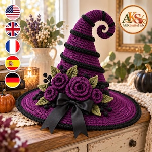 May include: A crocheted witch hat in deep purple with a spiraled, pointed top and a wide brim. The hat is decorated with a cluster of crocheted purple roses, green leaves, small black berries, and a black satin ribbon tied in a bow at the front.