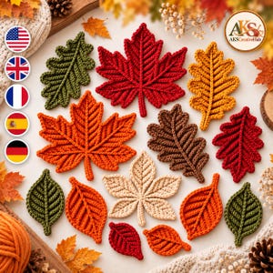 May include: A collection of crocheted autumn leaves in various shapes and sizes, featuring colors of red, orange, yellow, brown, beige, and green. The leaves include maple, oak, and other foliage designs with visible yarn stitching textures.