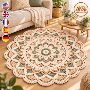 May include: A round, crocheted rug featuring a complex, layered floral pattern in shades of cream, beige, and sage green. The design consists of concentric circles of intricate stitches, radiating from a central point to a scalloped edge.