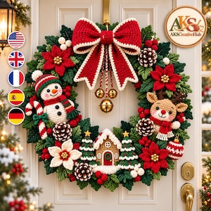 May include: A festive crochet Christmas wreath featuring a large red bow with white trim, three gold bells, a snowman, a reindeer, a gingerbread house, two small Christmas trees, red poinsettias, white flowers, pinecones, and a candy cane.