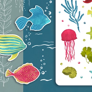 Foglio di adesivi – Treasury Island/adesivi per pianificatore di diario, foglio di adesivi per alghe marine e pesci, adesivo per l'oceano, illustrazione di conchiglie