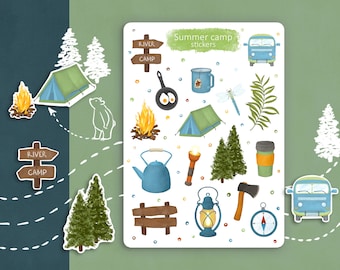 Sticker Sheet – Summer Camping / journal planner stickers, forest hike sticker sheet, summer vacation stickers, diary sticker