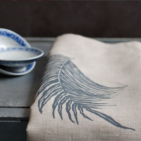 Screen printed linen tea towel in natural grey