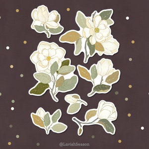 Weiße Magnolien Wasserfest papier Sticker, großes 7er Set Blumen Sticker, iPad Aufkleber