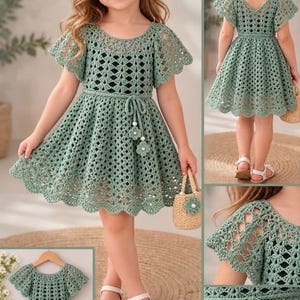 May include: A sage green crochet dress featuring a delicate diamond pattern, short flutter sleeves, and a round neckline. The waist is accented with a matching tie belt adorned with small flower motifs and white beads, creating a textured look.