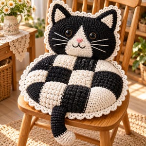 May include: A crocheted cat-shaped seat cushion featuring a black and white checkered pattern, a cat head with large dark eyes, a pink nose, and white whiskers, all bordered by a delicate white scalloped trim with a dangling black and white tail.