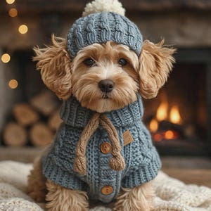 May include: A light blue cable-knit dog sweater with two wooden buttons, a high collar, and braided tan ties, paired with a matching cable-knit hat featuring a cream-colored pom-pom. A small rectangular tag is attached to the sweater.