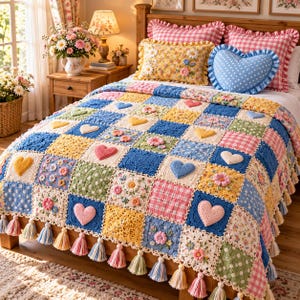Puede incluir: Una colcha de patchwork tejida a ganchillo a mano con bloques cuadrados en azul, amarillo, rosa y verde. La pieza está decorada con corazones y motivos florales tridimensionales, rematada con una hilera de borlas de hilo colgantes.
