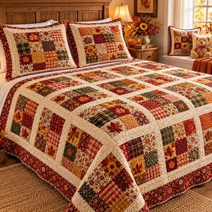 Può includere: Una trapunta patchwork e due federe abbinate caratterizzate da una griglia di quadrati con motivi autunnali, tra cui foglie d'acero, girasoli e stampe a quadri nei toni dell'arancione, rosso, giallo e verde, bordati da tessuto color crema.