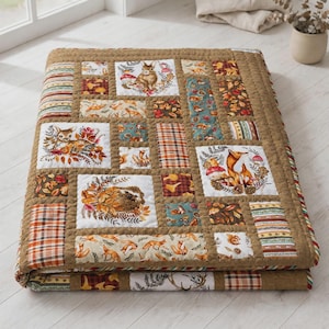 Peut inclure: Un jeté de lit matelassé au design patchwork composé de divers motifs forestiers, incluant des illustrations de lapin, de cerf, de renard et de hérisson, alternant avec des imprimés à carreaux, rayés et de feuilles d'automne en brun, orange et bleu sarcelle.